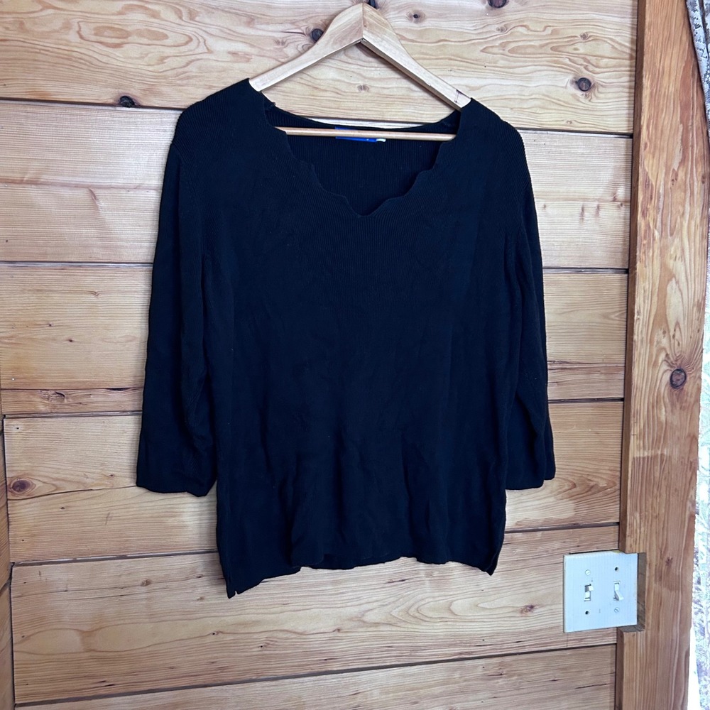 Scalloped V Neck Ribbed Knit Sweater Women Large Black Organic Cotton Blue Sky